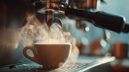 Close up of rich, dark espresso pouring into a cup with aromatic steam in a cafe.の素材