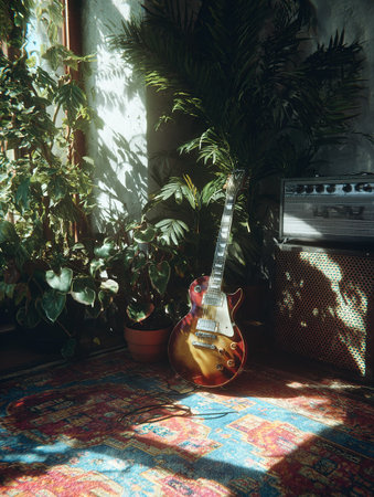 Vintage electric guitar, lush plants, and a colorful rug in a sunlit room.の素材