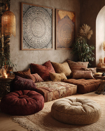 Relaxing, warm bohemian lounge filled with patterned textiles and exotic decor.の素材