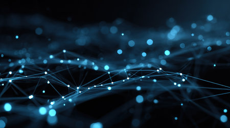 Abstract data flow with glowing dots and lines, representing modern tech and AI.の素材