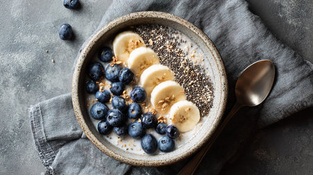 Nutritious breakfast bowl featuring chia seeds, banana, and blueberries.の素材