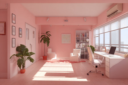 A chic pink room featuring a modern desk, plants, and sunlight. Ideal for productivity.の素材