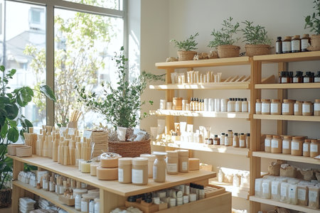 Modern eco friendly shop displaying organic skincare and natural wellness items.の素材