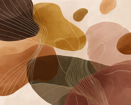 Modern abstract art featuring organic shapes, earthy tones, and delicate lines.の素材