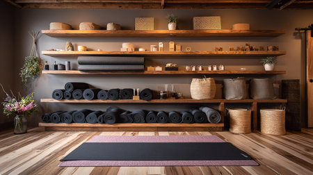 Inviting wellness studio with natural wood shelves, yoga mats, and decor.の素材