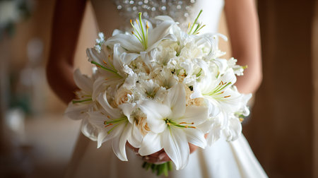 Close up of a bride holding a beautiful white lily and rose wedding bouquetの素材