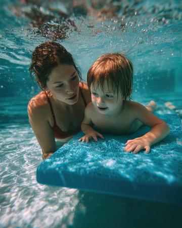 Happy mother and child explore underwater, learning to swim with a float.の素材