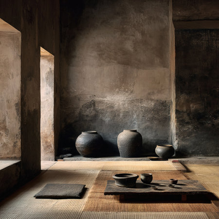 Rustic wabi sabi aesthetic featuring ancient pottery in a serene room.の素材