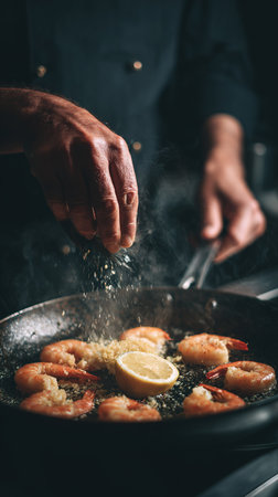 Professional chef's hands adding spices to sizzling shrimp in a hot pan.の素材