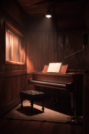 Classic piano in a warm, dimly lit sound studio, ready for musical creation.の素材