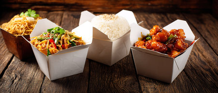 Delicious Chinese takeout meal boxes on a rustic wooden table, ready to eat.の素材
