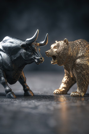 Metallic bull and bear statues representing financial market volatility and trends.の素材