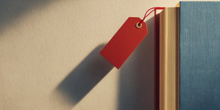 Textured blue book with gold edged pages and a red blank tag, overhead.の素材