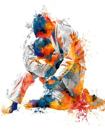Two athletes in a judo or grappling match depicted with a colorful paint splash effect. Energetic and artistic.の素材