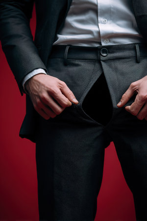 Close up of a man in a textured dark suit against a vibrant red backdrop.の素材
