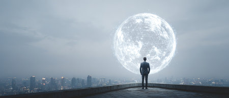 Man views glowing digital earth sphere above modern city skyline.の素材