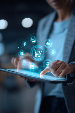 Person interacting with a tablet, futuristic e commerce icons appearing.の素材