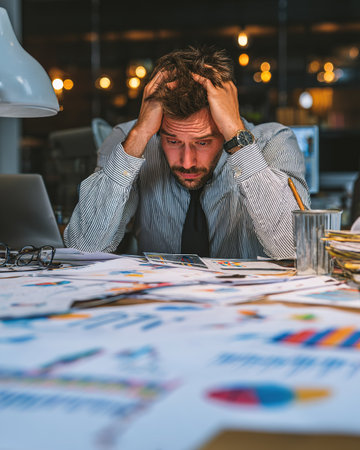 Stressed man facing corporate challenges, surrounded by charts and reports.の素材