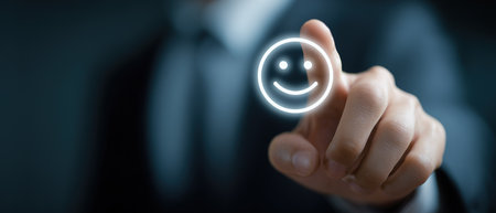 Hand touching glowing happy face for customer experience, service rating.の素材