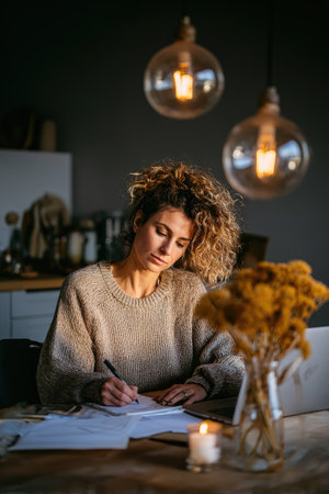Woman with curly hair diligently writing in a notebook at a warm home desk.の素材