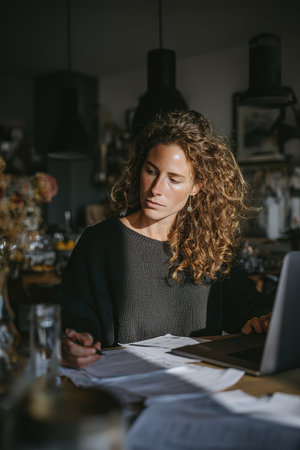 Focused young woman with curly hair working intently at her home desk.の素材