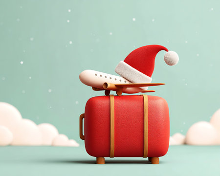 Whimsical 3D render of suitcase, plane, Santa hat for holiday travel.の素材