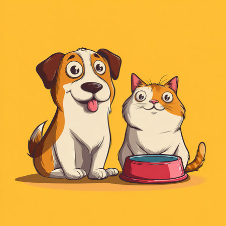 Cute cartoon dog and cat, best friends, happily awaiting their mealtime.の素材