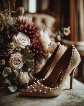 Elegant pearl studded bridal stilettos beside a romantic floral bouquet.の素材