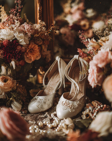 Exquisite bridal shoes, ornate lace and pearls, lush flowers, romantic wedding.の素材