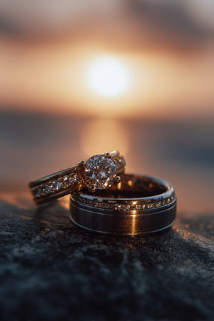 Elegant diamond rings shimmer in golden hour light, symbolizing love and commitment.の素材