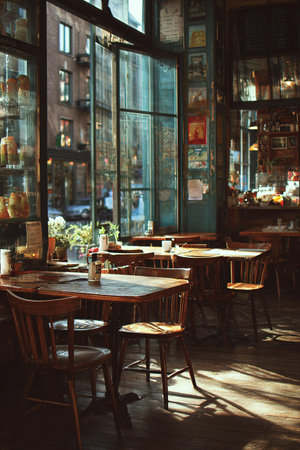 Inviting cafe interior with warm sunlight, rustic wooden furniture, urban street view.の素材