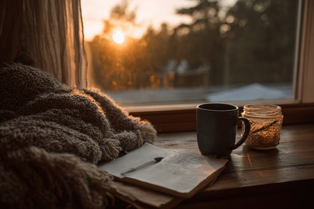 Cozy winter scene with a blanket, coffee, journal, and warm sunset glow by window.の素材