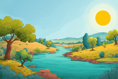Retro pixel art landscape featuring a serene river flowing through sunlit hills.の素材