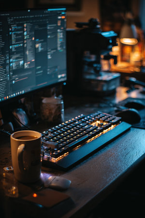 Modern coding setup, illuminated keyboard, coffee, monitor. Late night productivity vibe.の素材