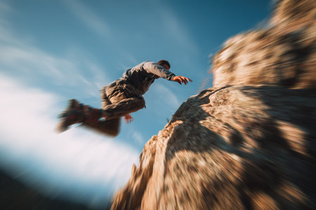Action shot of a person jumping from a cliff, conveying risk and freedom.の素材