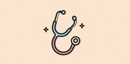 A charming cartoon stethoscope icon in a minimalist doodle style with sparkle accents, perfect for medical and wellness projects.の素材
