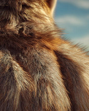 Detailed texture of brown and golden fur against a soft blue sky. Natural warmth.の素材