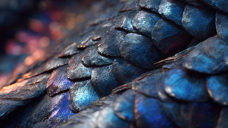 Close up of shimmering blue and purple scales, vibrant natural pattern.の素材