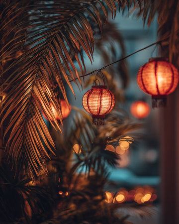 Warmly lit paper lanterns hanging among lush palm leaves, creating an exotic evening atmosphere with bokeh.の素材
