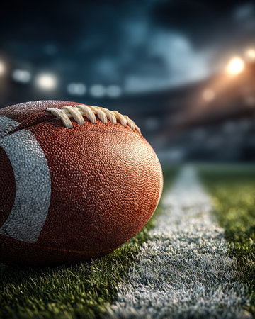 Dynamic close up of a football on the field, illuminated by stadium lights.の素材