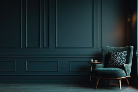Luxurious dark teal paneled room with textured armchair, side table, cozy ambiance.の素材