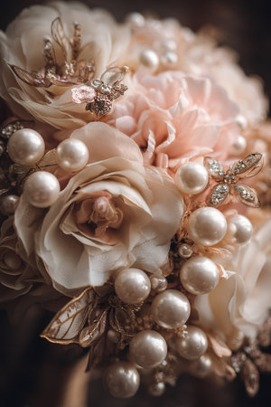 Luxurious blush and cream florals adorned with luminous pearls and gold accents.の素材