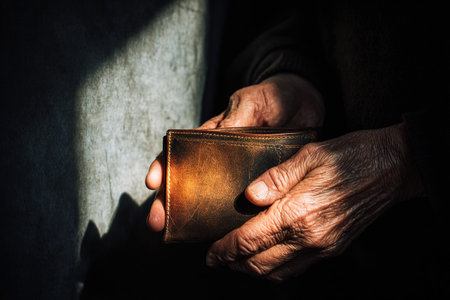 Wrinkled hands clutch a worn wallet, symbolizing financial struggle or saving.の素材