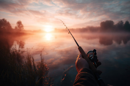 Angler enjoys tranquil morning fishing on a misty lake at sunrise.の素材