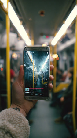 Hand holding a smartphone displaying a train interior, reflecting the real subway journey.の素材