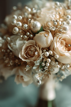 Luxurious wedding bouquet with cream roses, sparkling crystals, and pearls.の素材
