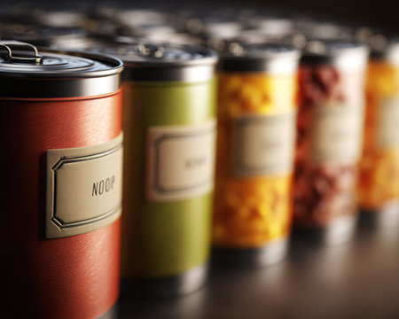 Close up of vibrant cans, focus on red can with textured label, organized.の素材