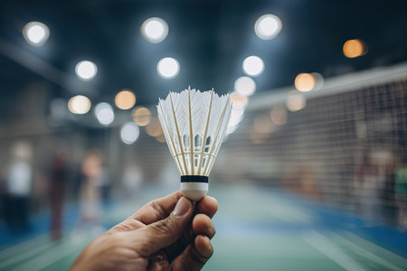 Close up of a hand holding a shuttlecock on a blurred badminton court.の素材