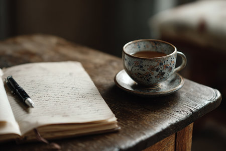 A cozy scene with a vintage journal, pen, and patterned teacup on rustic wood.の素材