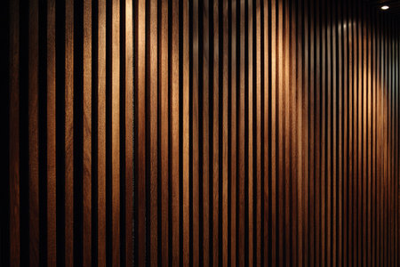 Dark wood vertical slat wall with warm light. Modern, sophisticated interior texture.の素材